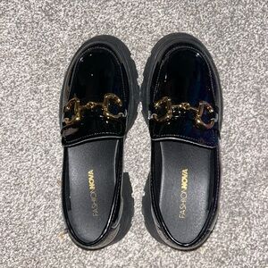 Fashion Nova Glossy Black Loafers with Gold Chain